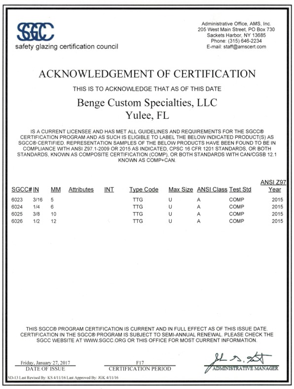 Benge Custom Specialties Tempering Certification